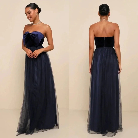 Lulus Perfectly Dramatic Navy Velvet Tulle Strapless Bow Maxi Dress S Wedding - Picture 1 of 10